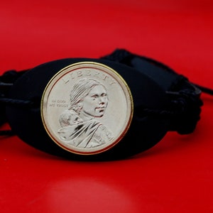 US 2009 Sacagawea Dollar BU Uncirculated Coin Genuine Black Leather Cuff Bangle Wristband Bracelet NEW - Sacagawea and Her Infant Son