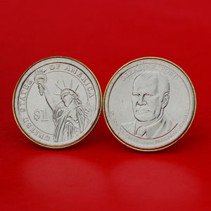 US 2016 Presidential Dollar BU Uncirculated Coin Gold Plated Cufflinks NEW - Gerald Ford(1974-1977 Years Served) Obverse + Reverse