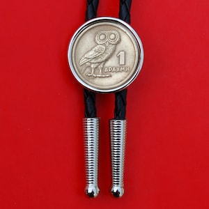 1973 Greece 1 Drachma Athena's Owl & Phoenix Coin 36" Cord Silver Bolo Tie NEW - Wildlife Animal