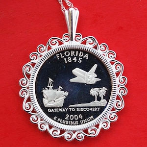 US 2004 Florida State Quarter 90% Silver Proof Coin Solid 925 Sterling Silver Necklace w. 18&quot; Sterling Silver Chain NEW