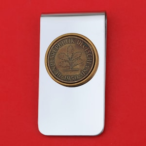 1950 Germany 5 Pfennig Coin Stainless Steel Money Clip New - Original Metal Colors without Any Plating - An Oak Seedling