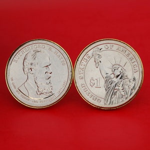US 2011 Presidential Dollar BU Unc Coin Gold Plated Cufflinks NEW - Rutherford B. Hayes  (1877-1881) Obverse + Reverse