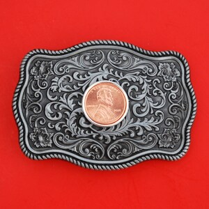 US 2014 ~ Current Year Lincoln Small Cent BU Uncirculated Coin Silver Belt Buckle NEW - Beautiful Western Scroll Design - Lucky Penny