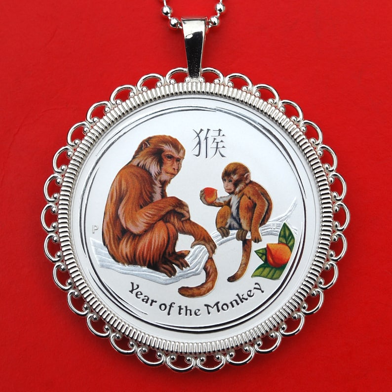 2016 Australia Lunar Chinese Monkey Year 12 oz .999 Fine Silver Round Colorized BU Uncirculated Coin 925 Sterling Silver Necklace NEW
