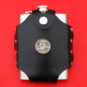 US 2005 State Quarter Coin PU Leather Wrapped Stainless Steel Hip Flask - Minnesota, California, West Virginia, Kansas, Oregon