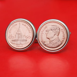 Thailand 50 Satang 1/2 Baht BU Uncirculated Coin Silver Cufflinks NEW - King Vajiralongkorn