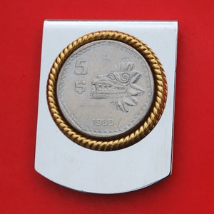 1980 Mexiko 5 Pesos Münze Edelstahl große Geld Clip neu - Azteken-Skulptur von gefiederten Schlange Gott Quetzalcoatl