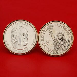 US 2009 Presidential Dollar BU Uncirculated Coin Gold Plated Cufflinks NEW - John Tyler ( 1841−1845 Years Served ) Obverse Reverse