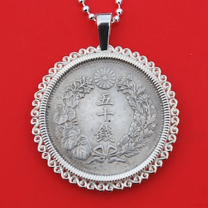 1906 Japan 50 SEN .800 Silver Coin 925 Sterling Silver Necklace NEW - Flower