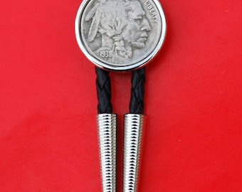 US 1913 ~ 1938 Indian Head Buffalo Nickel 5 Cent Coin Silver Plated Slide 36" Black Cord Bolo Tie NEW