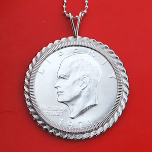 US 1971 Eisenhower 40% Silver Dollar BU Uncirculated Coin Solid 925 Sterling Silver Necklace NEW