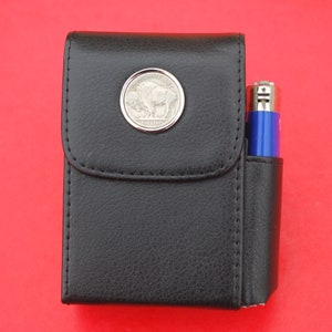 US 1913~1938 Indian Head Buffalo Nickel 5 Cent Coin Black PU Leather Wrapped Stainless Steel Cigarette Box Case with Pouch Lighter Holder