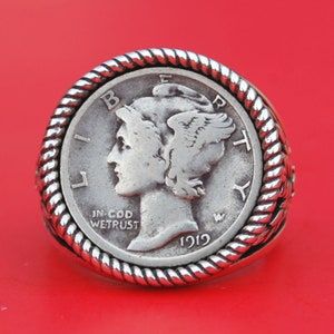 EUA 1919 Mercúrio Dime Forte Data 90% Moeda de Prata 925 Anel de Sinete de Prata Esterlina Novo - Nota Bancária Design de Folha de Oliveira