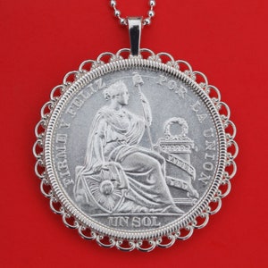 1934 Peru Un Sol 50% Silver Coin 925 Sterling Silver Necklace NEW - LEBERTAD
