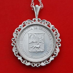 1960 Venezuela 50 Centimos 0.835 Silver BU Unc Coin Soild 925 Sterling Silver Necklace - National Arms Cornucopias Horse Flags Olive Branch