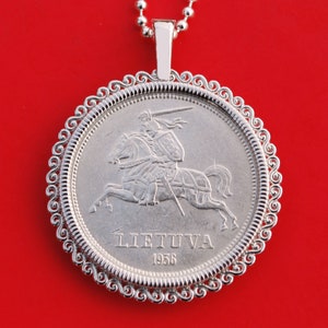 1936 Lithuania 5 Litai 75% Silver Coin 925 Sterling Silver Necklace NEW - National Arms