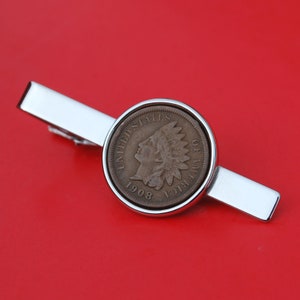 US 1859 ~ 1909 Indian Head Small Cent Coin Silver Plated Tie Clip Bar NEW - Lucky Penny