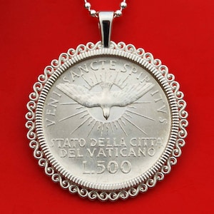 1963 Vatican  500 Lire Sede Vacante BU Uncirculated 83.5% Silver Coin 925 Sterling Silver Necklace NEW - Descending Dove Divides Sun