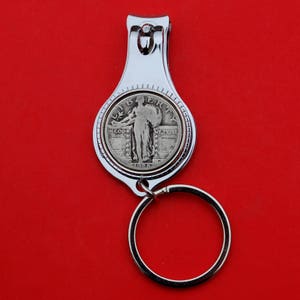 US 1916 ~ 1930 Standing Liberty Quarter 90% Silver Coin All-in-One Key Ring Bottle Opener Nail Cutter Clipper NEW