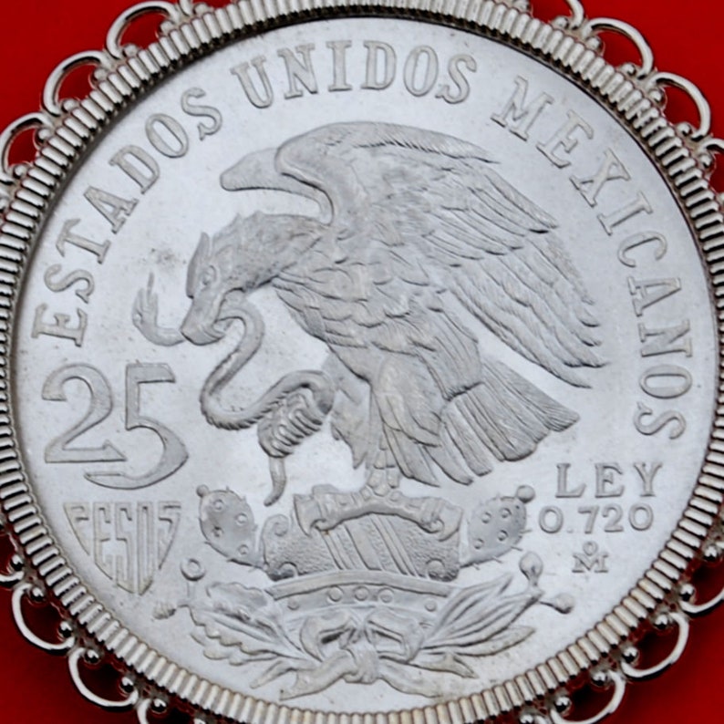 Wide Design National Arms Eagle on Cactus 1968 Mexico Olympic 25 Pesos Silver Coin Ley .720 Silver Coin 925 Sterling Silver Necklace NEW