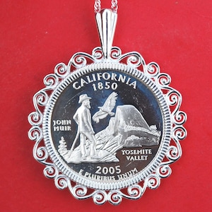 US 2005 California State Quarter 90% Silver Proof Coin Solid 925 Sterling Silver Necklace w. 18&quot; Sterling Silver Chain NEW