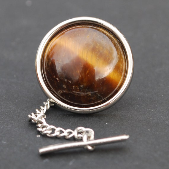 K18 虎目タイタック Gorgeous Tiger's Eye 18mm Round Cabochon Silver Plated Tie Tac