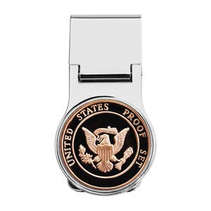 Authentique jeu d'épreuves épreuve numismatique des États-Unis, bouclier à jetons du département du Trésor, BU, pièce hors circulation, pince à billets en argent avec charnière - Aigle inversé