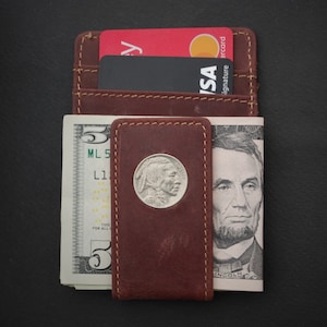 Conjunto de billetera y clip magnético para dinero con moneda de 5 centavos de níquel con cabeza de búfalo de EE. UU. de 1936, nuevo - Cuero de búfalo de agua Crazy Horse