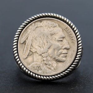 US 1928 Indian Head Buffalo Nickel Coin 925 Sterling Silver Signet Ring NEW - Buffalo Skull Design