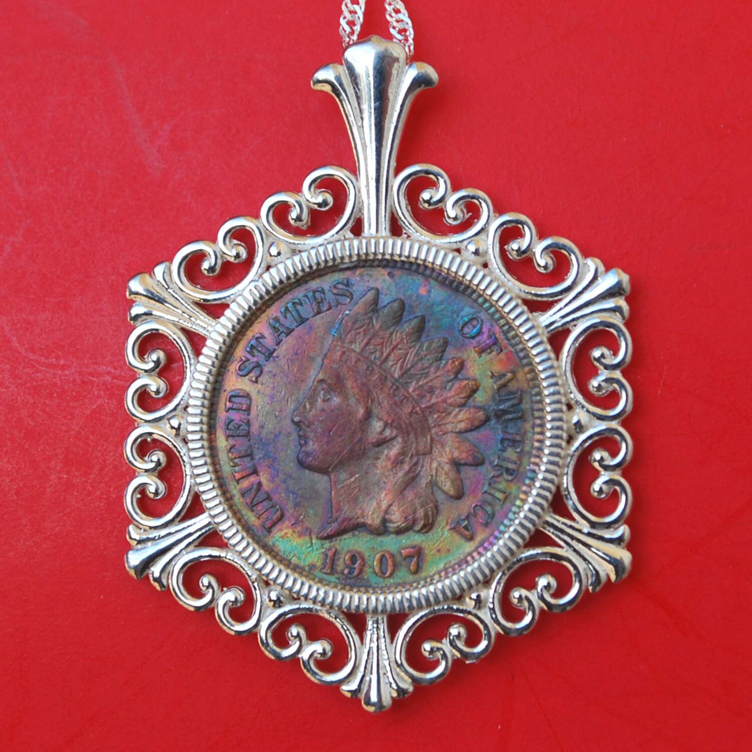 US 1907 Indian Head Small Cent Rainbow Toned Coin Solid 925