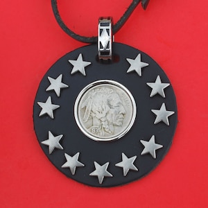 US 1936 Indian Head Buffalo Nickel 5 Cent Coin Genuine Black Leather Necklace - Showing Indian Head in Front