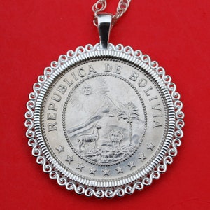 1939 Bolivia 50 Centavos BU Uncirculated Coin 925 Sterling Silver Necklace NEW - Bolivia Coat of Arms The Sun over Two Mountains & an Alpaca