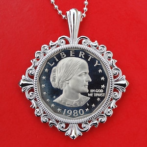 US 1980 Susan B Anthony Dollar Gem Proof BU Uncirculated Coin Solid 925 Sterling Silver Necklace NEW