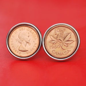 1960 ~ 2012 Canada 1 Cent BU Uncirculated Coin Stainless Steel Silver Cufflinks New - Maple Leaf