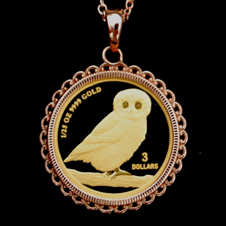 2008 Tuvalu 125 oz .9999 Fine Gold Wise Owl BU Uncirculated Proof Coin Necklace 12K Solid Rose Gold Bezel /& 14K Solid Rose Gold Chain