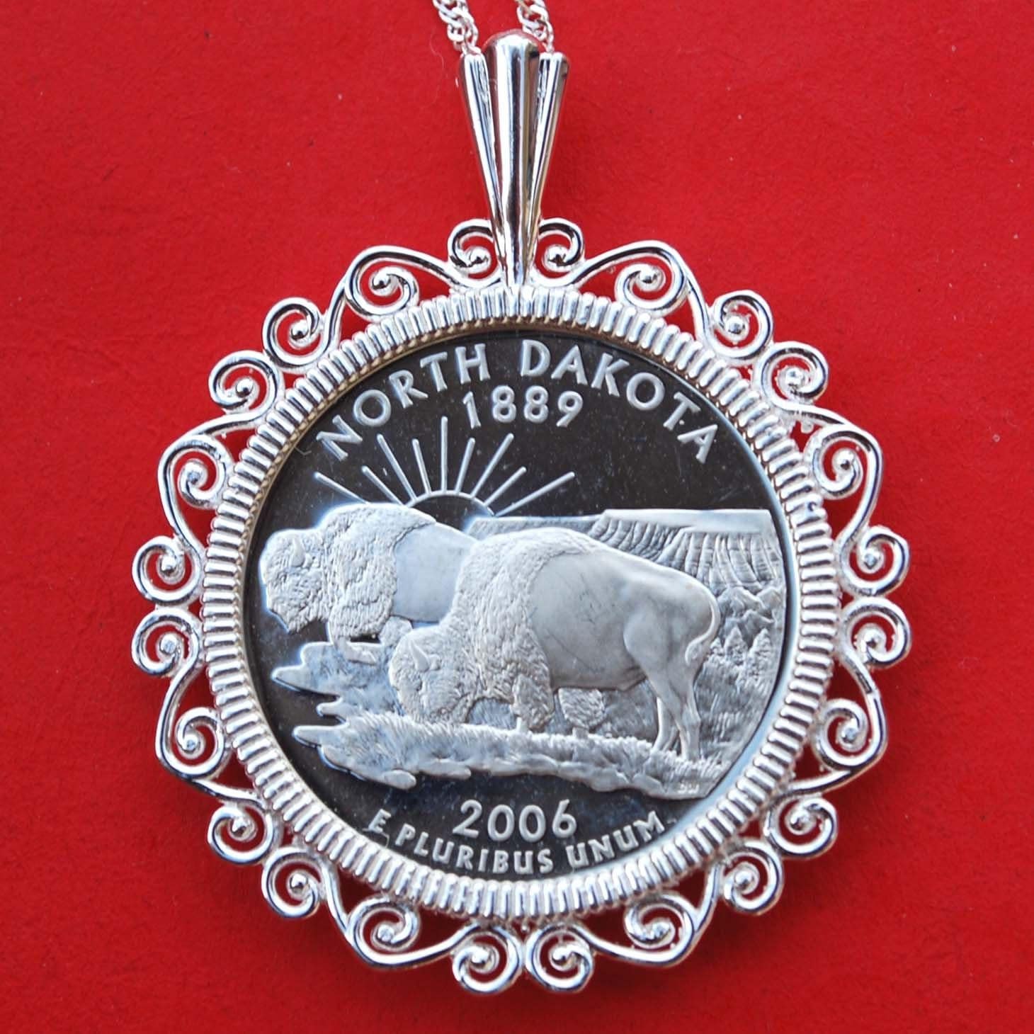 ペンダントトップ USA 25セント 記念硬貨 ノースダコタ州 米国 2006 ノースダコタ州 25 セント硬貨 90% シルバー プルーフ