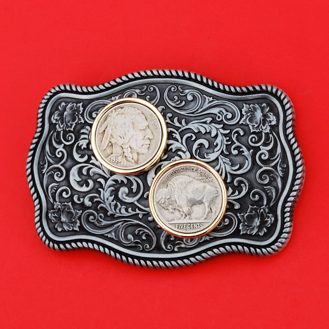 Buffalo Nickel Silver Tone Black Wood Silver Tone Ladies Belt TARNISHED Unsigned Leather Belt with Buffalo Nickels | TomTaylorBelts.com – Tom  main image 2