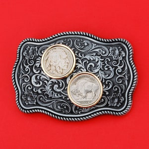 US 1913 ~ 1938 Indian Head Buffalo Nickel 5 Cent Coin Gold Silver Two Tone Belt Buckle NEW - Beautiful Western Scroll Design - Obv + Rev