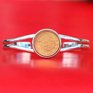 1973 Mexico 5 Centavos BU Unc Coin Silver Plated Cuff Bangle Bracelet NEW - National Arms Eagle on Cactus  with Snake in Beak above Wreath