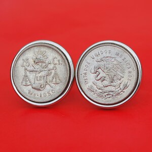 Mexico 1950 25 Centavos 30% Silver Coins Eagle Snake Scale Liberty Cap Cufflinks NEW