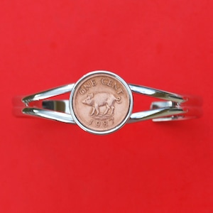 Bermuda 1970 ~ 2009 RANDOM YEAR One Cent Coin Silver Plated Cuff Bangle Bracelet NEW - Wild Boar