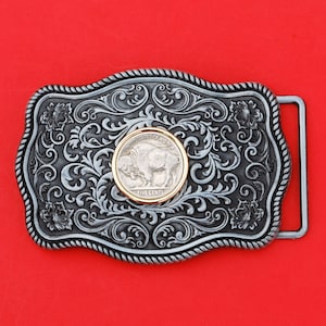 US 1913~1938 Indian Head Buffalo Nickel 5 Cent Coin Gold Silver Two Tone Belt Buckle NEW - Beautiful Western Scroll Design
