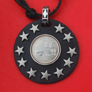 US 2004 State Quarter BU Uncirculated 25 Cent Coin Genuine Black Leather Necklace - Texas, Michigan, Florida, Iowa, Wisconsin