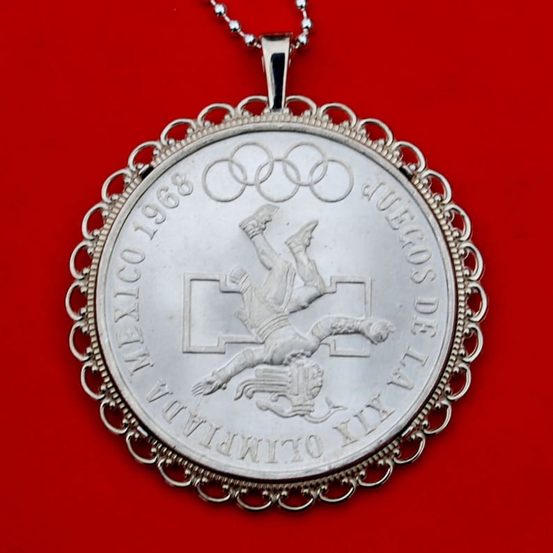 Wide Design National Arms Eagle on Cactus 1968 Mexico Olympic 25 Pesos Silver Coin Ley .720 Silver Coin 925 Sterling Silver Necklace NEW
