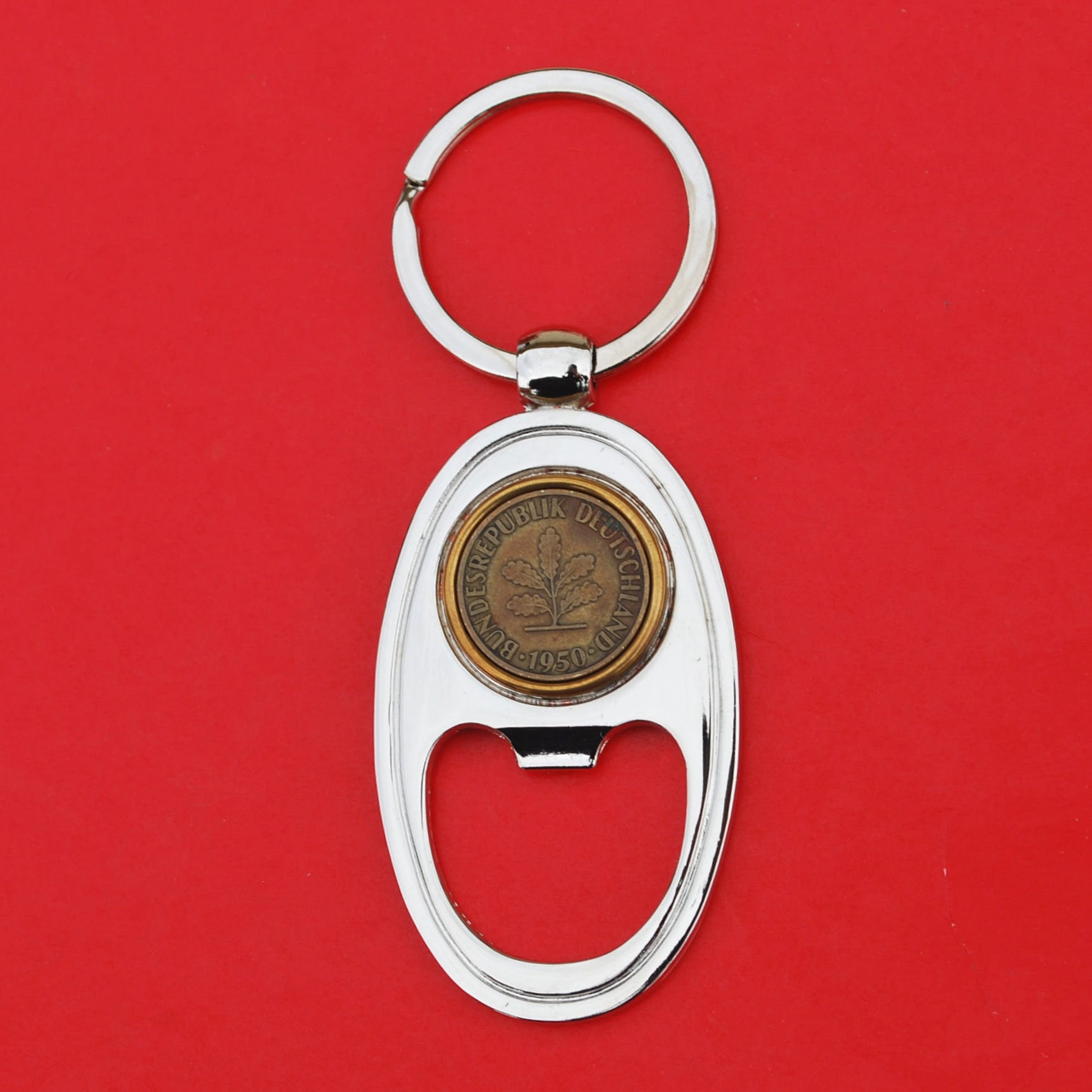 1950 Germany 5 Pfennig Coin Key Chain Ring Bottle Opener NEW - An Oak Seedling