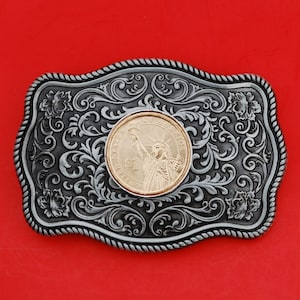 US 2007 ~ Presidential Dollar BU Unc Coin Silver Tone Belt Buckle NEW - Beautiful Western Scroll Design - the Statue of Liberty