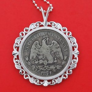 1871 Mexico 50 Centavos 90% Silver Coin 925 Sterling Necklace - National Arms