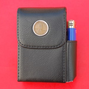 US 1909 ~ 1942 Lincoln Small Cent Coin Black PU Leather Wrapped Stainless Steel Cigarette Box Case with Pouch Lighter Holder - Lucky Penny