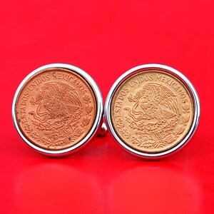 1973 Mexico 5 Cent Centavos BU Uncirculated Coin Silver Cufflinks NEW - National Arms Eagle on Cactus with Snake in Beak above Wreath