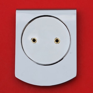 May include: A silver-colored metal plate with two small, round, gold-colored holes. The plate has a rounded edge and a smooth surface.